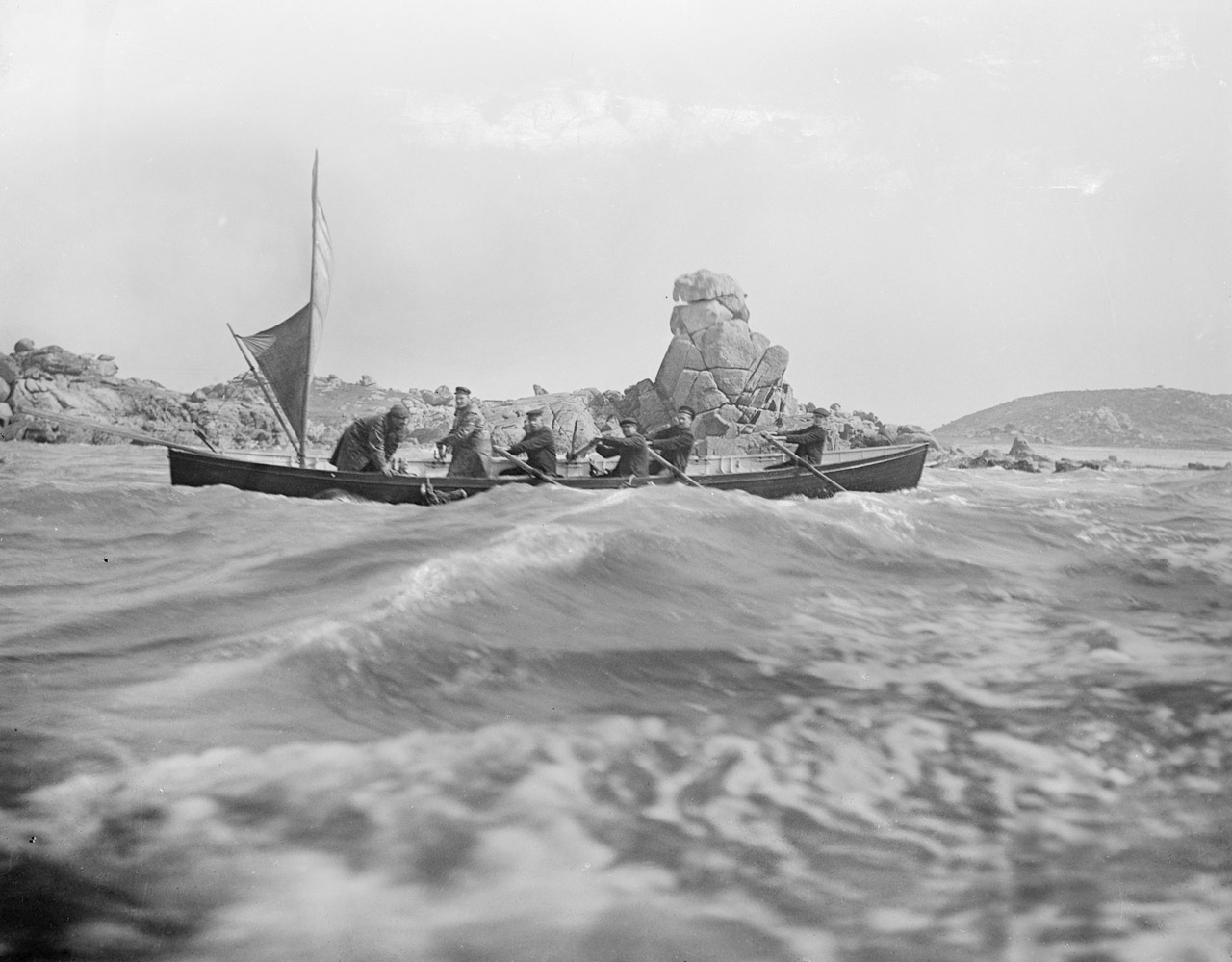 A historical black-and-white photograph of the pilot gig Czar with a small sail, navigating choppy waters near the rocky coastline. Six rowers are on board, pulling hard on the oars, with a distinctive stacked rock formation in the background. A cow is barely visible in the water, swimming alongside the gig.