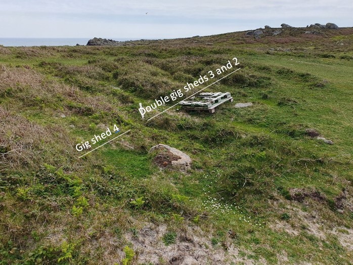 A grassy landscape with a wooden pallet resting on the ground, overlaid with text labels marking the locations of historical gig sheds. The terrain is uneven with patches of heather and scattered rocks, with the sea visible in the background.