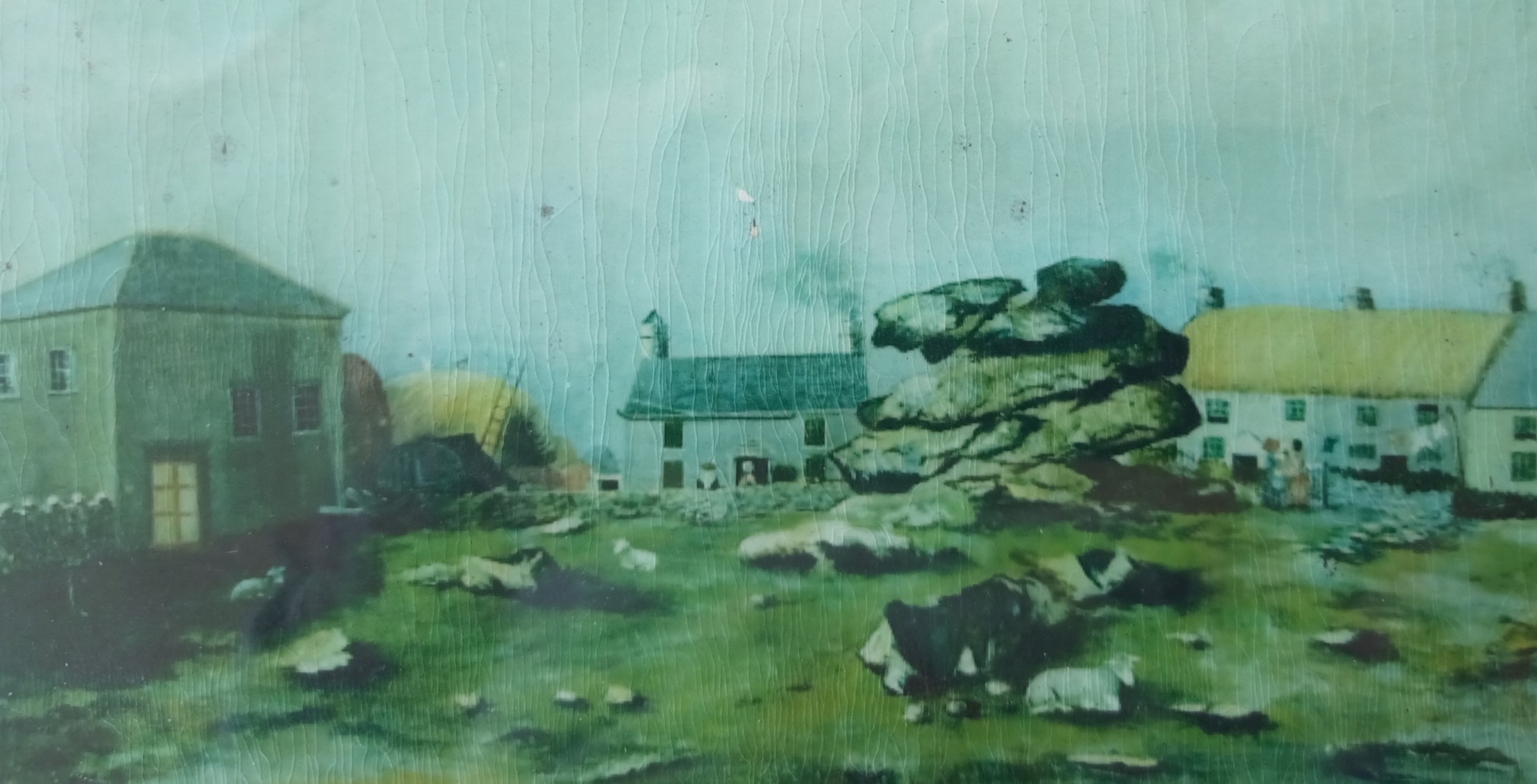 A historic painting depicting Signal Rock on St Martin’s, surrounded by 19th-century buildings with thatched and slate roofs. The painting has a greenish tint and visible cracks in the surface.