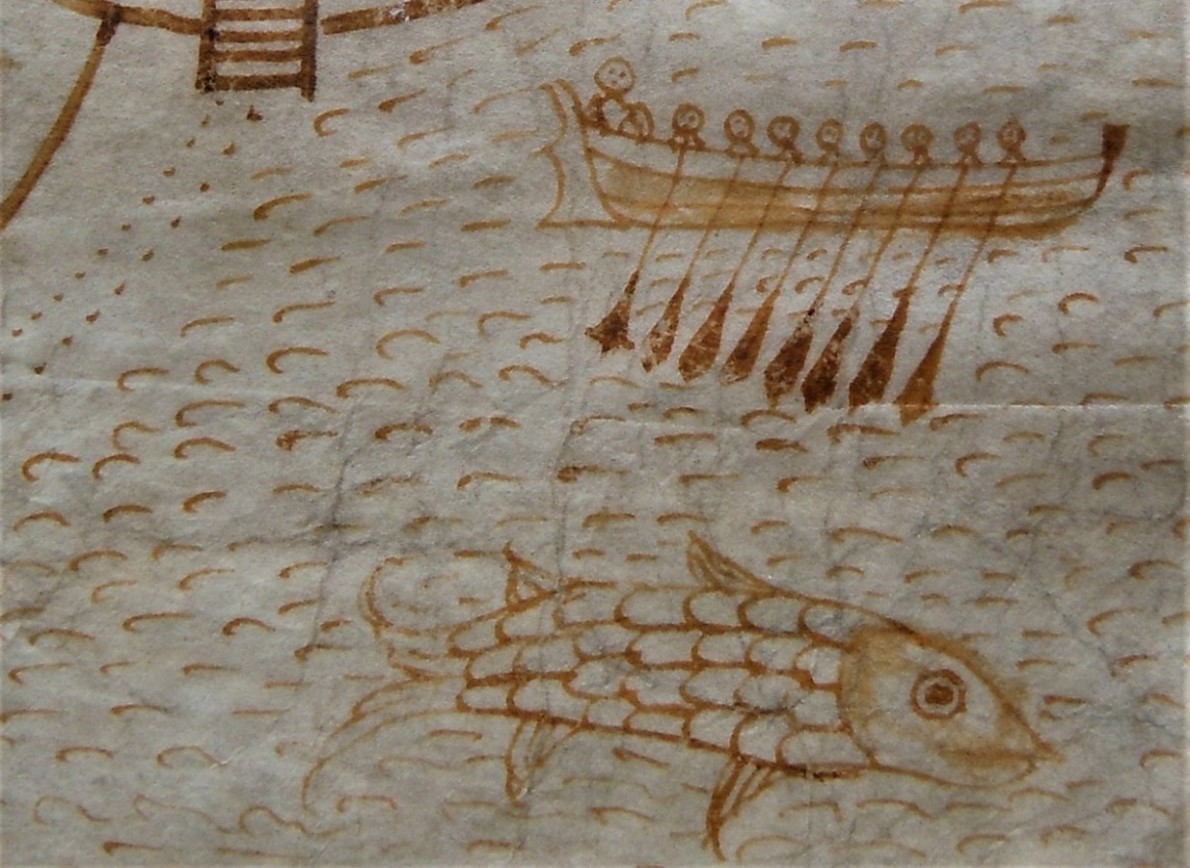 A historic ink drawing on aged parchment depicting a rowing boat with eight rowers and a coxswain, each represented by simple round heads and elongated oars dipping into the water. Below the boat, a large fish with a detailed scale pattern and expressive eye swims in the stylized waves.