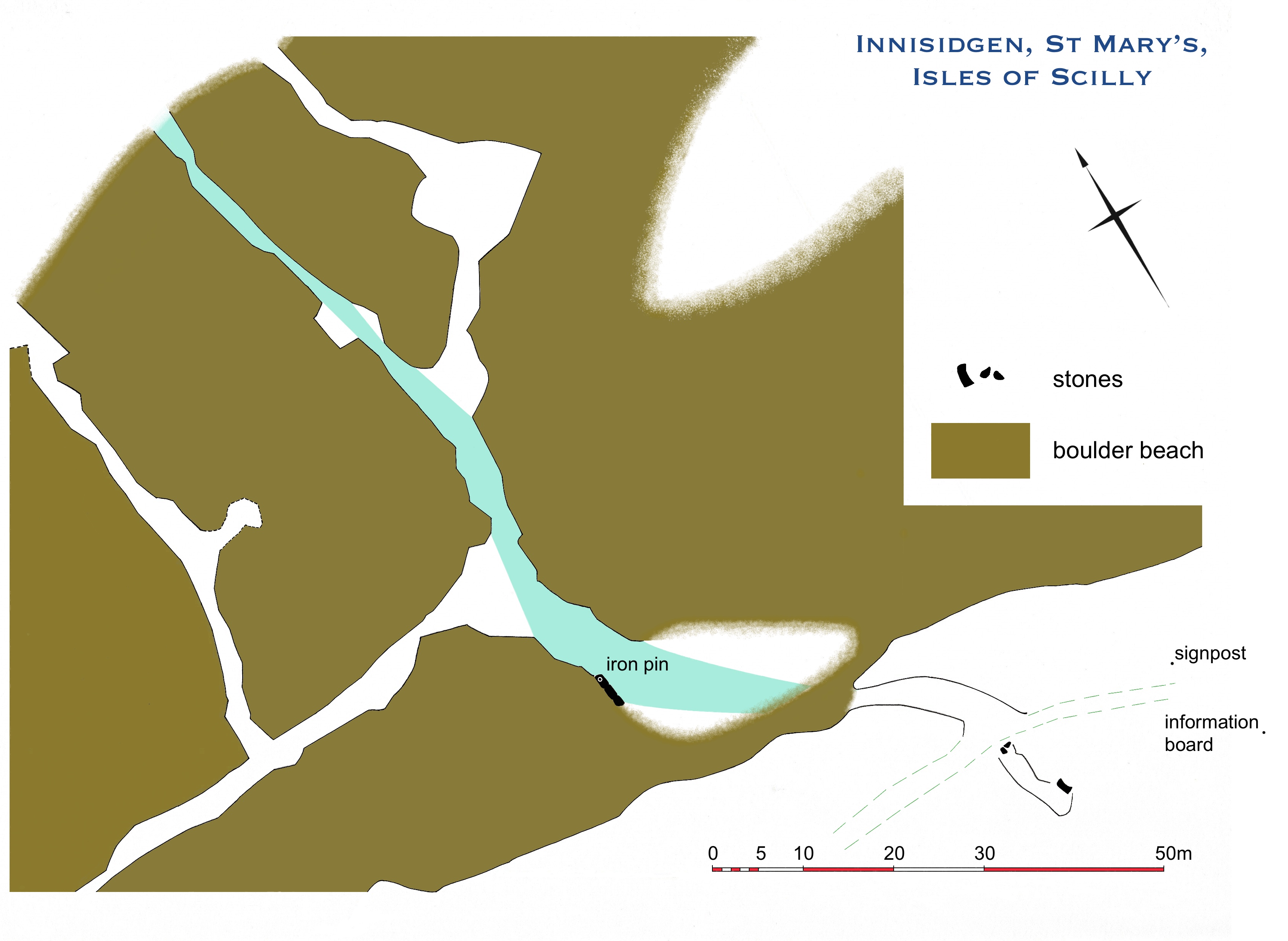 A site map of Innisidgen, St Mary’s, Isles of Scilly, showing boulder beaches, stone features, and an iron pin, with blue arrows marking key locations.