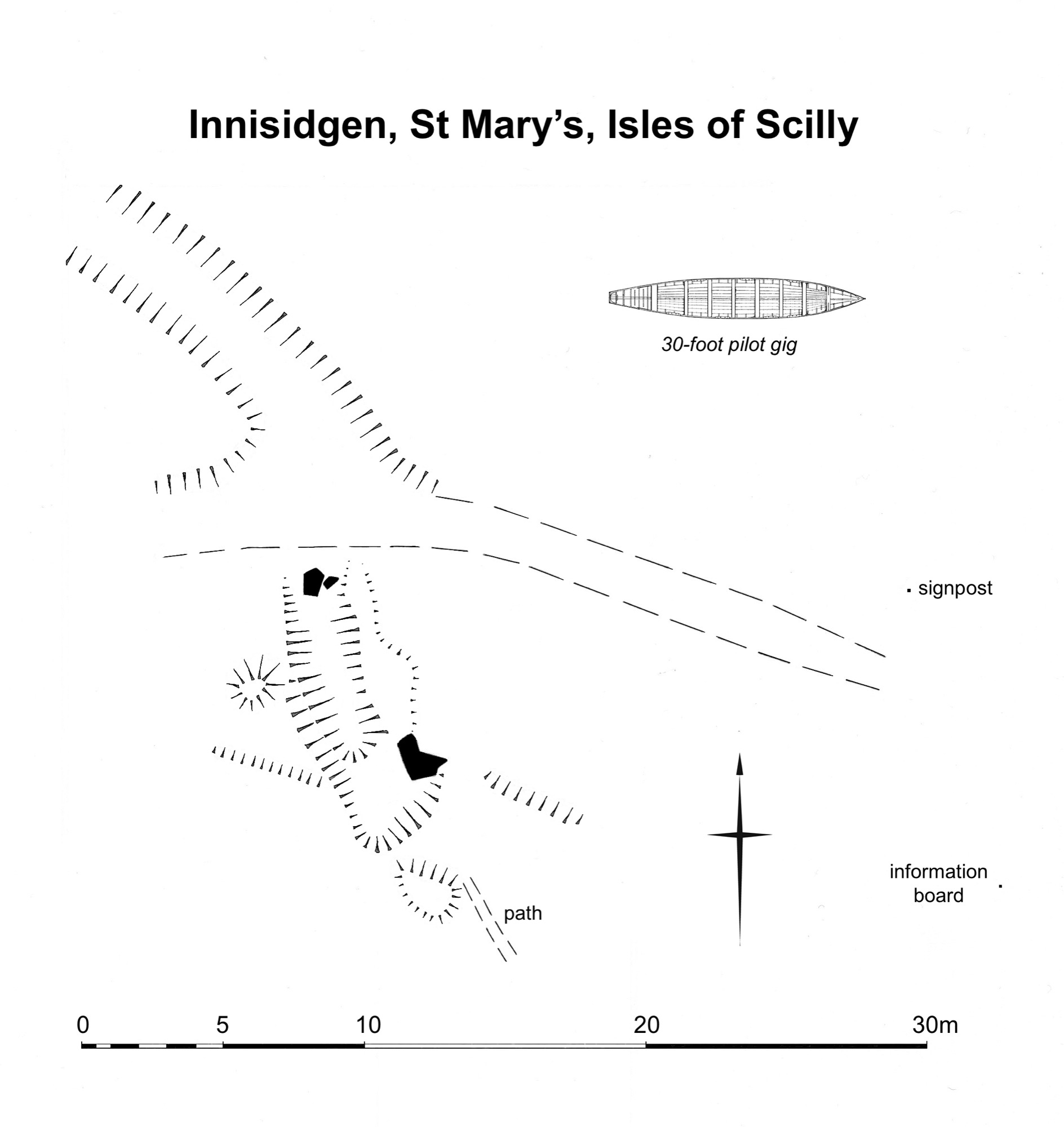 A detailed site plan of Innisidgen, St Mary’s, Isles of Scilly, showing paths, signposts, and the location of a 30-foot pilot gig, with contour lines marking terrain features.