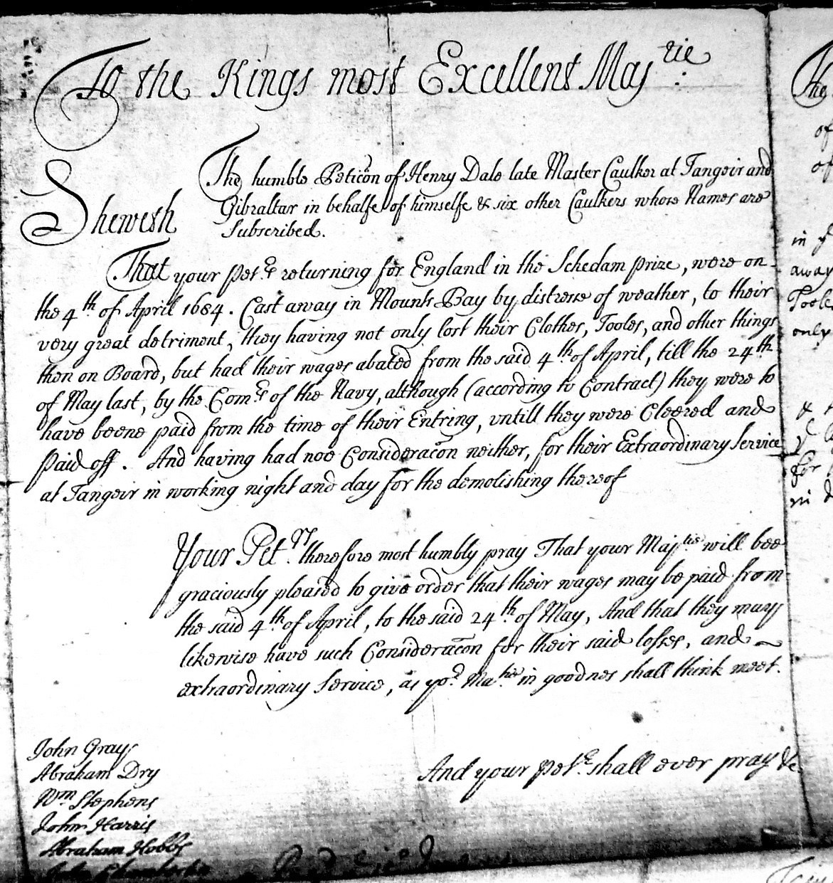 The appeal 'To the King's most Excellent Majesty' is written in a flowing, accomplished hand on behalf of Henry Dale and six other named caulkers. It refers to their 'Extraordinary Service at Tangier in working night and day for the demolishing thereof.'