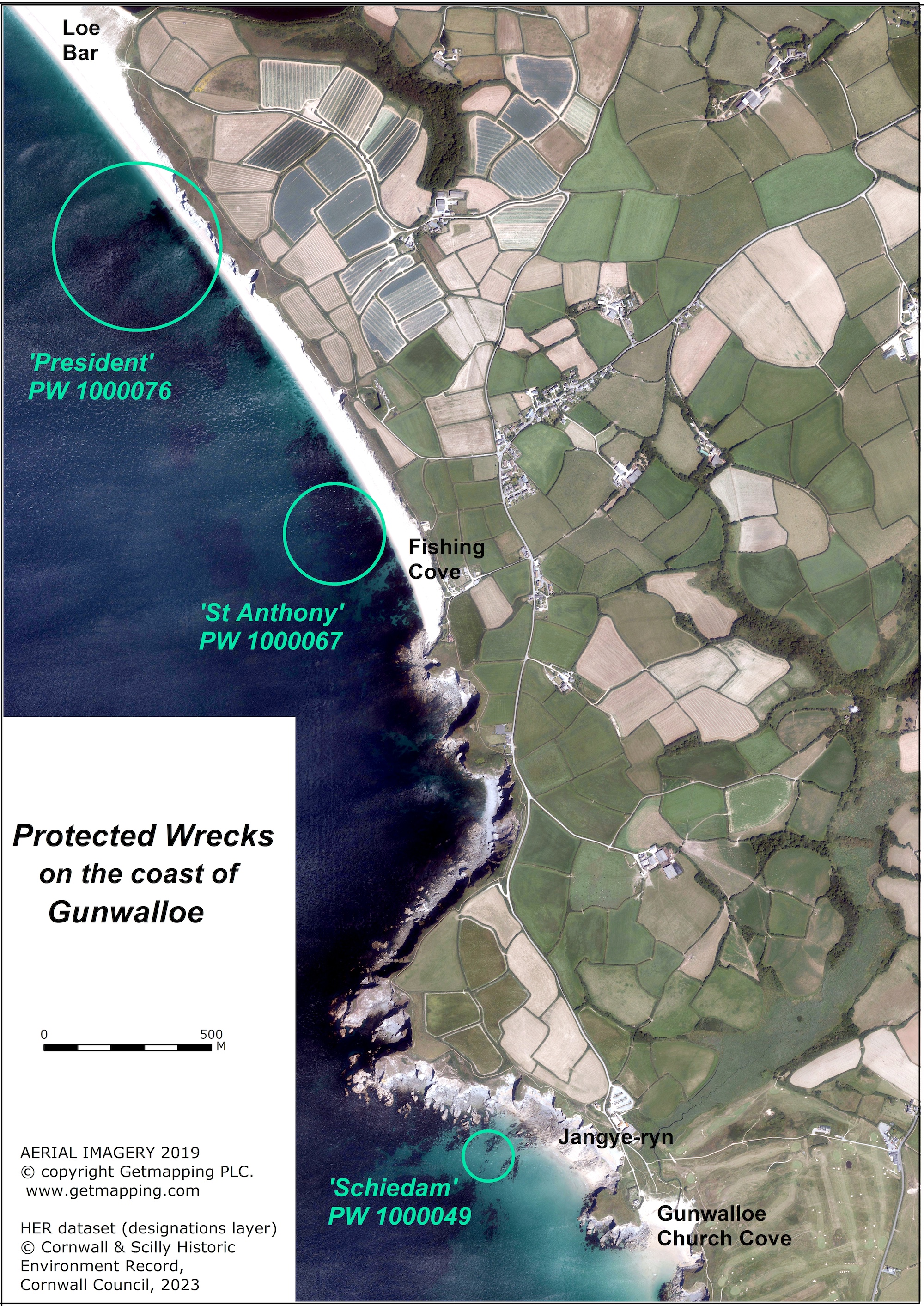 A satellite aerial view of the coast around Gunwalloe. Circles mark the areas of the 3 Protected Wrecks. The largest, the President, and the St Anthony, lie off the very long white beach of Fishing Cove, near Loe Bar. The smaller Schiedam site is to the south, close to Jangye-ryn near the church. The landscape all along this coast is rural, a patchwork of greens.