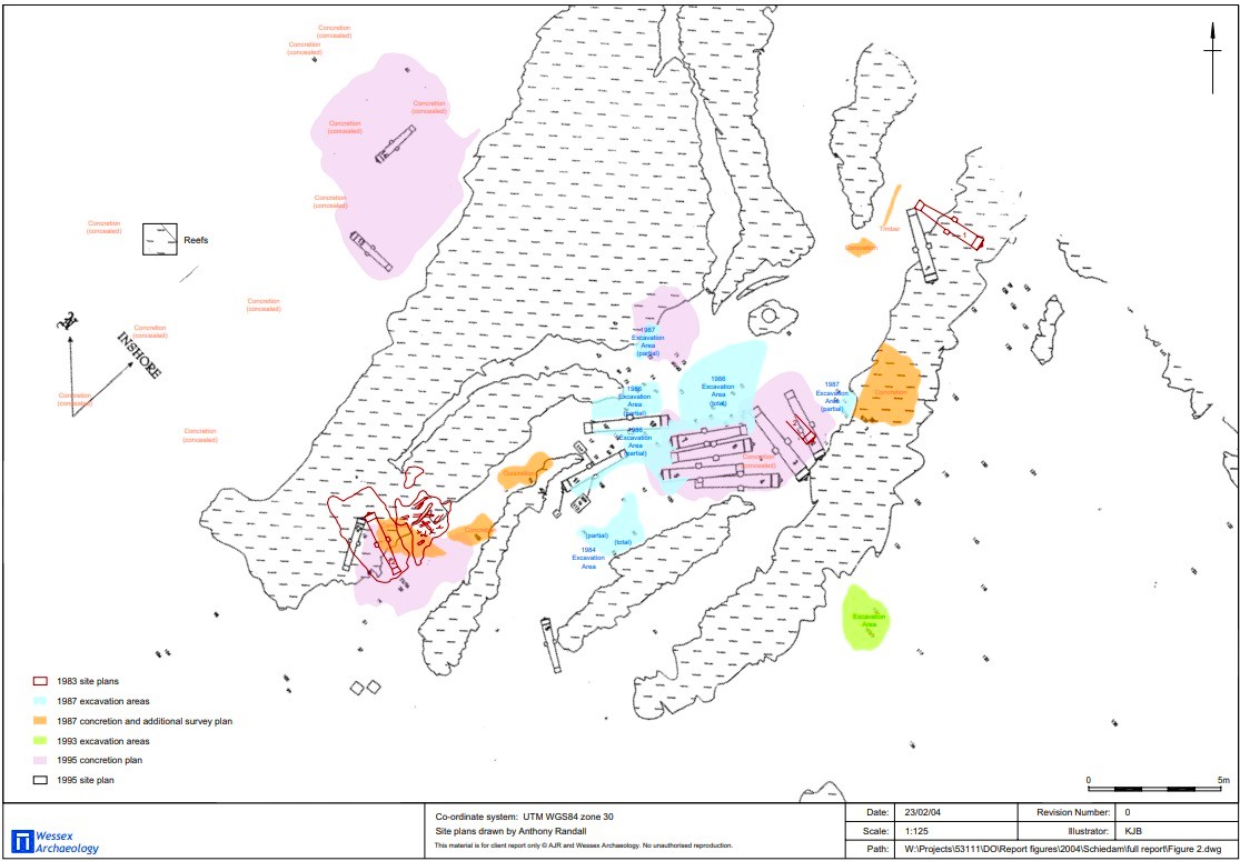 The plan is oriented to the north. Several broad ragged bands of reefs run across the site north east to south west. Sixteen cannon or parts of them are plotted, mostly between the reefs. Twenty areas shaded different colours represent areas of archaeological features or concretions and/or excavations plotted at different times. A key shows how the 6 different shades relate to specific phases of work in the 1980s and 1990s. The scale indicates an area around 32m across overall.